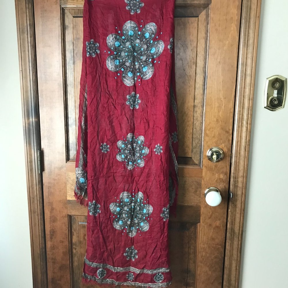 VIDA Dark Red w/Teal & Beige Medallions Scarf/Wrap 74" x 27"